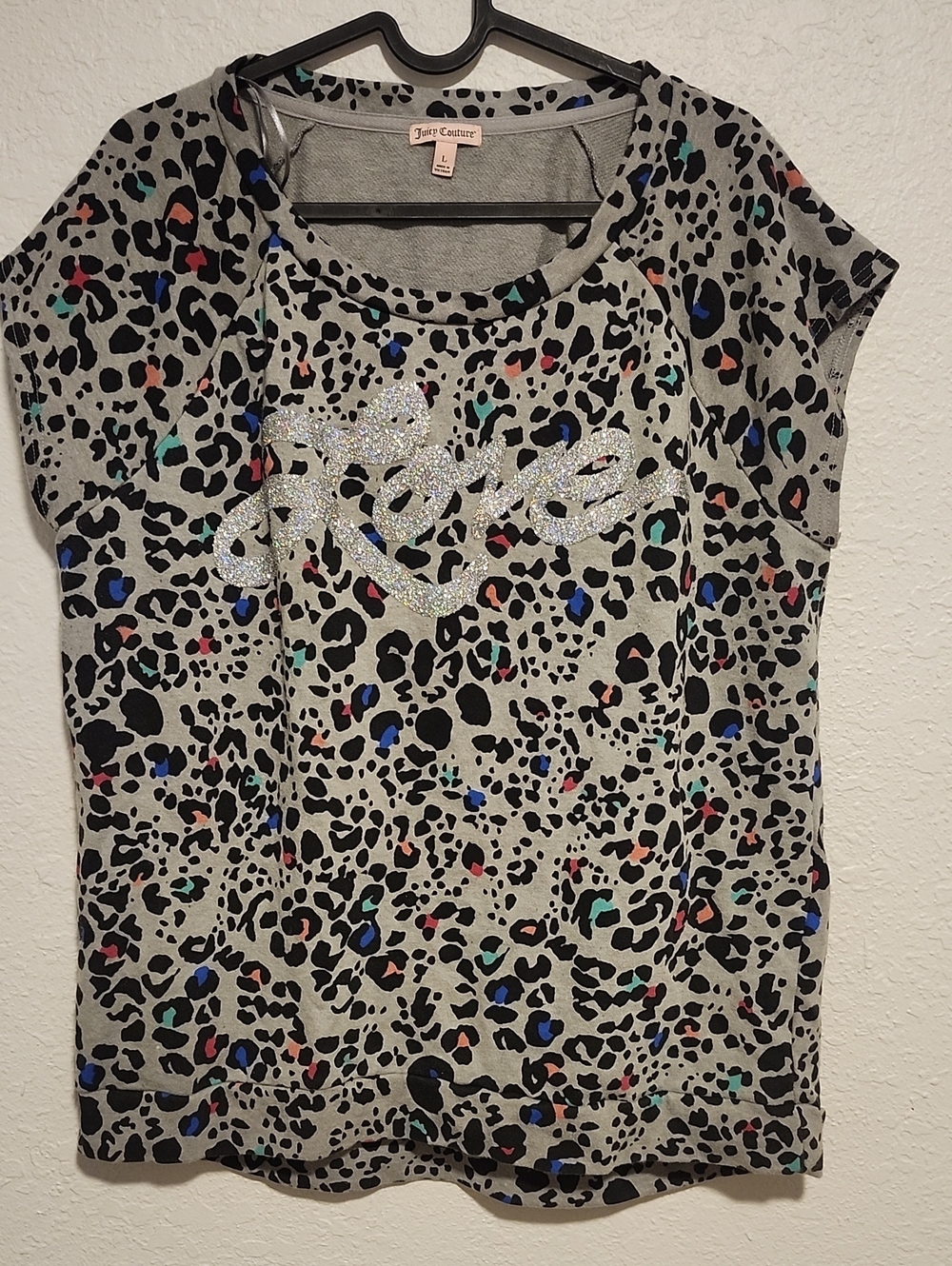 Used- Juicy Couture Leopard Print Glitter Logo Tee - Gray with Multicolor Spots